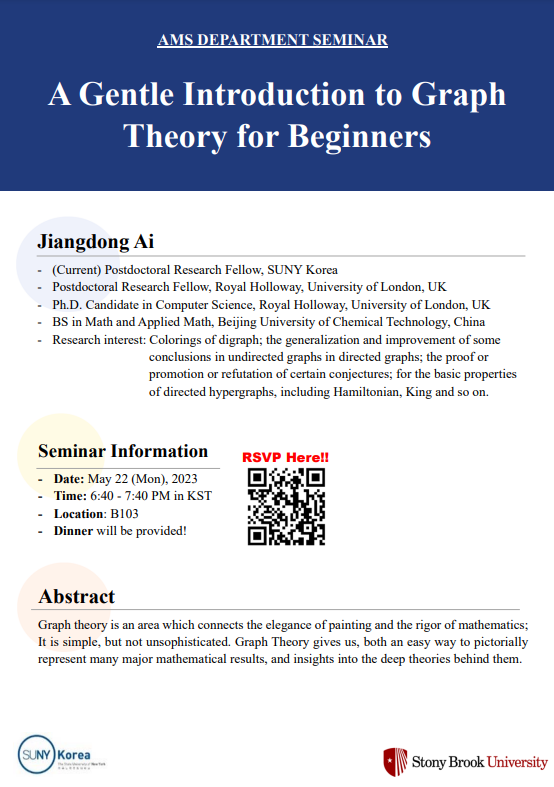 AMS DEPARTMENT SEMINAR A Gantle Introduction to Graph Theory for Beginners. Jiangdong Ai -(Current) Postdoctoral Research Fellow, SUNY Korea -Postdoctoral Research Fellow, Royal Holloway, University of London, UK -Ph.D. Candidate in Computer Science, Royal Holloway, University of London, UK -BS in Math and Applied Math, Beijing University of Chemical Technology, China -Research interest: Colorings of digraph; the generalization and improvement of some conclusions in undirected graphs in directed graphs; the proof or promotion or refutation of certain conjectures; for the basic properties of directed hypergraphs, including Hamiltonian, King and so on. Seminer Information -Date: May 22(Mon), 2023 -Time: 6:40-7:40PM in KST -Location: B103 -Dinner will be provided!. RSVP Here!!QR코드입니다.(https://docs.google.com/forms/d/e/1FAIpQLScdV31aAPhsENzrvvTKL1E5Qv6UXedp6VQqat22kUmFsJDYtQ/formrestricted) Abstract: Graph theory is an area which connects the elegance of painting and the rigor of mathematics; It is simple, but not unsophisticated. Graph Theory gives us, both an easy way to pictorially represent many major mathematical results, and insights into the deep theories behind them. SUNY Korea. Stony Brook University